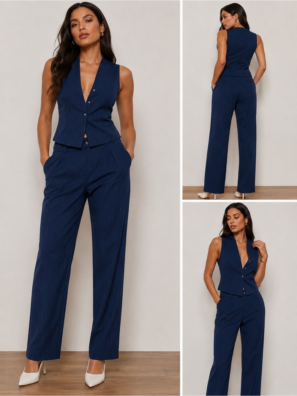 Faith and Joy Navy Pinstripe Tailored Vest & Wide-Leg Pants
